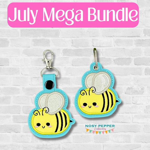 Cute Bee applique snap tab and eyelet fob July 24 Mystery Bundle (single and multi files included) machine embroidery file