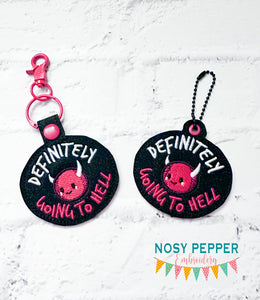 Definitely Going To Hell snap tab and eyelet fob (single and multi files included) machine embroidery file DIGITAL DOWNLOAD