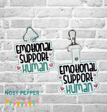 Load image into Gallery viewer, Emotional Support Human snap tab and eyelet fob (single and multi files included) machine embroidery file DIGITAL DOWNLOAD