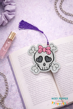 Load image into Gallery viewer, Bow Skull sketch Bookmark/bag tag/ornament 4x4 machine embroidery design DIGITAL DOWNLOAD