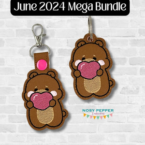 Friend Bear snap tab and eyelet fob June 2024 Mystery Bundle machine embroidery file (single and multi files included)