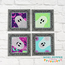 Load image into Gallery viewer, Ghost Frame applique coaster set machine embroidery design (4 designs included) DIGITAL DOWNLOAD