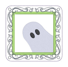 Load image into Gallery viewer, Ghost Frame applique coaster set machine embroidery design (4 designs included) DIGITAL DOWNLOAD