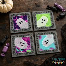 Load image into Gallery viewer, Ghost Frame applique coaster set machine embroidery design (4 designs included) DIGITAL DOWNLOAD