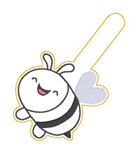 Load image into Gallery viewer, Happy Bee snap tabs, eyelet fobs, and bagtag set machine embroidery file (single and multi files included)--2026 Skill Builder Bundle--DIGITAL DOWNLOAD