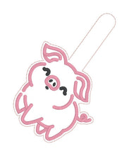 Load image into Gallery viewer, Happy Pig Applique snap tab and eyelet fob machine embroidery design DIGITAL DOWNLOAD