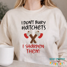 Load image into Gallery viewer, I Don’t Bury Hatchets Embroidery Design | Funny True Crime Applique Embroidery File | 4 Sizes Included | Digital Download