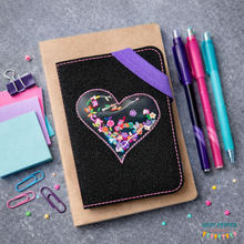 Load image into Gallery viewer, Heart Shaker notebook cover machine embroidery design (2 sizes available) DIGITAL DOWNLOAD