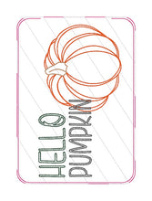 Load image into Gallery viewer, Hello Pumpkin mug rug machine embroidery design (4 sizes, envelope and turned styles included) DIGITAL DOWNLOAD