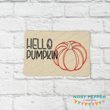 Load image into Gallery viewer, Hello Pumpkin mug rug machine embroidery design (4 sizes, envelope and turned styles included) DIGITAL DOWNLOAD