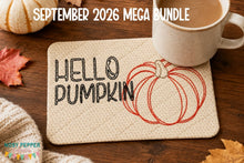 Load image into Gallery viewer, Hello Pumpkin mug rug machine embroidery design (4 sizes, envelope and turned styles included) DIGITAL DOWNLOAD