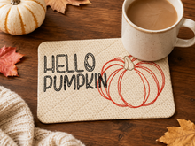 Load image into Gallery viewer, Hello Pumpkin mug rug machine embroidery design (4 sizes, envelope and turned styles included) DIGITAL DOWNLOAD