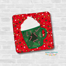 Load image into Gallery viewer, Hot Cocoa appliqué mug rug machine embroidery design (4 sizes, envelope and turned styles included) DIGITAL DOWNLOAD