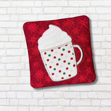 Load image into Gallery viewer, Hot Cocoa appliqué mug rug machine embroidery design (4 sizes, envelope and turned styles included) DIGITAL DOWNLOAD