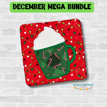 Load image into Gallery viewer, Hot Cocoa appliqué mug rug machine embroidery design (4 sizes, envelope and turned styles included) DIGITAL DOWNLOAD