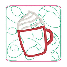 Load image into Gallery viewer, Hot Cocoa appliqué mug rug machine embroidery design (4 sizes, envelope and turned styles included) DIGITAL DOWNLOAD