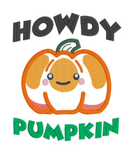 Load image into Gallery viewer, Howdy Pumpkin applique machine embroidery design (4 sizes included) DIGITAL DOWNLOAD