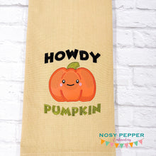 Load image into Gallery viewer, Howdy Pumpkin applique machine embroidery design (4 sizes included) DIGITAL DOWNLOAD