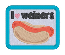 Load image into Gallery viewer, I Heart Weiners patch (2 sizes included) machine embroidery design DIGITAL DOWNLOAD