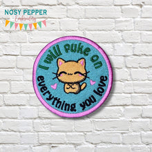 Load image into Gallery viewer, I Will Puke patch (2 sizes included) machine embroidery design DIGITAL DOWNLOAD