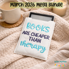 Load image into Gallery viewer, Books Are Cheaper Than Therapy reader sleeve (3 sizes included) machine embroidery design DIGITAL DOWNLOAD