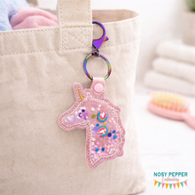 Load image into Gallery viewer, Unicorn Shaker snap tab and eyelet fob machine embroidery file (single and multi files included) DIGITAL DOWNLOAD