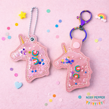 Load image into Gallery viewer, Unicorn Shaker snap tab and eyelet fob machine embroidery file (single and multi files included) DIGITAL DOWNLOAD