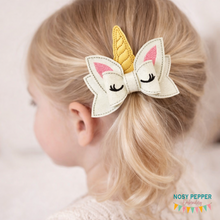 Load image into Gallery viewer, Unicorn ITH Bow (2 versions and 2 sizes included) machine embroidery design DIGITAL DOWNLOAD