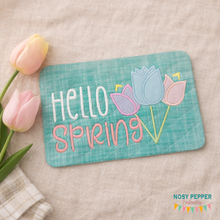 Load image into Gallery viewer, Hello Spring applique mug rug machine embroidery design Spring 2025 Skill Builder Bundle (4 sizes, envelope and turned styles included) DIGITAL DOWNLOAD