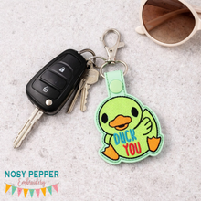 Load image into Gallery viewer, Duck you snap tab and eyelet fob machine embroidery design (snap tab and eyelet fob, single and multi files) DIGITAL DOWNLOAD