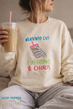Load image into Gallery viewer, Caffeine and Chaos machine embroidery design (4 sizes included) DIGITAL DOWNLOAD