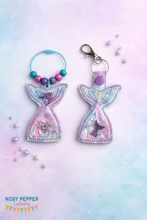 Load image into Gallery viewer, Mermaid applique shaker snap tab and eyelet fob machine embroidery file (single and multi files included) DIGITAL DOWNLOAD