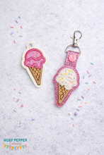 Load image into Gallery viewer, Ice Cream Scoop Applique snap tab and eyelet fob machine embroidery file (single and multi files included)  DIGITAL DOWNLOAD