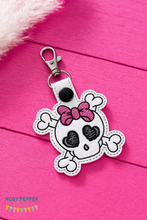 Load image into Gallery viewer, Bow Skull Snap tab (single and multi files included) machine embroidery design DIGITAL DOWNLOAD