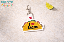 Load image into Gallery viewer, I heart Tacos snap tab (single and multi files included) machine embroidery design DIGITAL DOWNLOAD