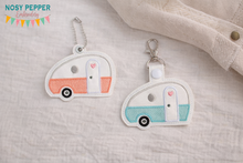 Load image into Gallery viewer, Retro Camper snap tab and eyelet fob machine embroidery (single and multi files included) DIGITAL DOWNLOAD