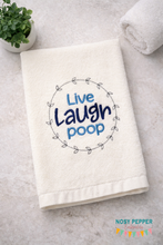 Load image into Gallery viewer, Live Laugh Poop machine embroidery design (5 sizes included) DIGITAL DOWNLOAD