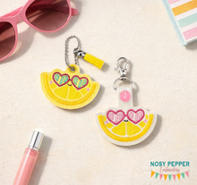 Load image into Gallery viewer, Summer Lemon snap tab and eyelet fob machine embroidery file (single and multi files included) DIGITAL DOWNLOAD