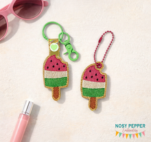 Load image into Gallery viewer, Watermelon popsicle snap tab and eyelet fob machine embroidery file (single and multi files included)  DIGITAL DOWNLOAD