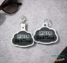 Load image into Gallery viewer, Certified Black Cloud applique snap tab and eyelet fob — JUN 24 MB—machine embroidery file (single and multi files included) DIGITAL DOWNLOAD