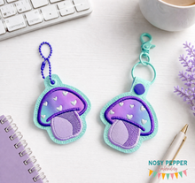 Load image into Gallery viewer, Heart Toadstool applique snap tab and eyelet fob Nov 24 Mystery Bundle (single and multi files included) machine embroidery file DIGITAL DOWNLOAD
