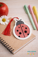 Load image into Gallery viewer, Lady Bug Bookmark/bag tag/ornament (sketchy fill and applique versions included) machine embroidery design DIGITAL DOWNLOAD