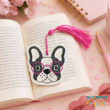 Load image into Gallery viewer, Frenchie in glasses Bookmark/bag tag/ornament 4x4 two versions included machine embroidery design DIGITAL DOWNLOAD