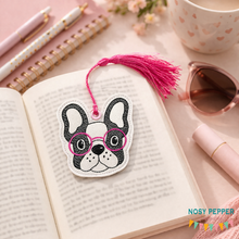 Load image into Gallery viewer, Frenchie in glasses Bookmark/bag tag/ornament 4x4 two versions included machine embroidery design DIGITAL DOWNLOAD