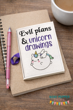 Load image into Gallery viewer, Evil plans &amp; Unicorn drawings Notebook Cover (2 sizes available) machine embroidery design DIGITAL DOWNLOAD