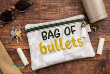 Load image into Gallery viewer, Bag of Bullets applique ITH bag (4 sizes available) machine embroidery design DIGITAL DOWNLOAD