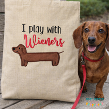 Load image into Gallery viewer, I play with wieners applique machine embroidery design (4 sizes included) DIGITAL DOWNLOAD