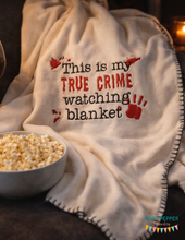 Load image into Gallery viewer, True crime watching blanket machine embroidery design (4 sizes included) DIGITAL DOWNLOAD