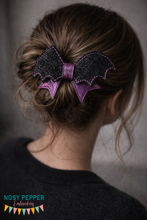 Load image into Gallery viewer, Bat ITH Bow Embroidery Design | Halloween Bow Embroidery File | In The Hoop Bow | 4x4 &amp; 5x7 Sizes Included | Digital Download