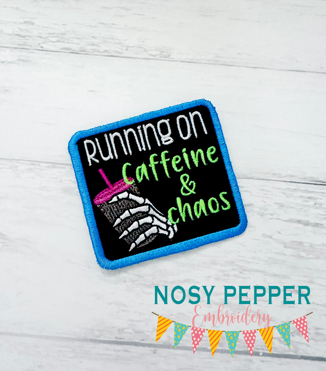 Running On Caffeine patch May 2024 Mystery Bundle (2 sizes included) machine embroidery design DIGITAL DOWNLOAD